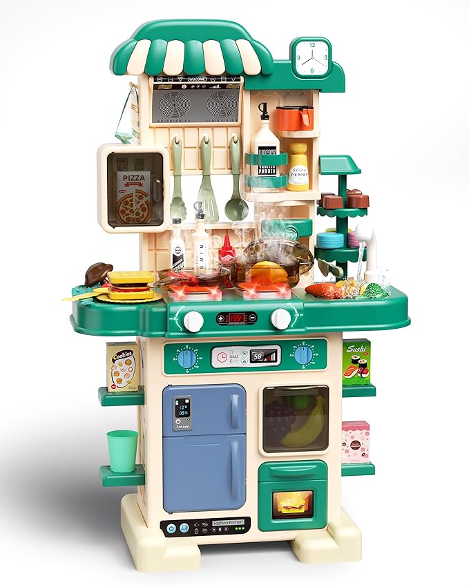 49Pcs Kitchen Playset for Boys & Girls, Kid Play Kitchen with Realistic Lights & Sounds, Spray Sink Toy Kitchen Accessories, Pretend Food Toys Kitchen for Toddlers(Green)