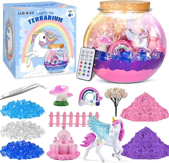 Unicorn Light-Up Terrarium - Sand Kit for Girls - LED Night Light Unicorn Toys Ages 4 5 6 7 8 - Birthday Gift for Girls - DIY Arts and Crafts Kit for Kids - Best Girls Presents