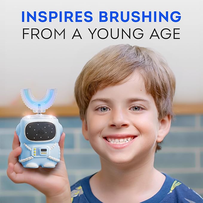 Sensory 360 Round U-Shaped Astronaut Design Mouthguard Electric Toothbrush for Kids Ages 2-7 - Automatic Memory Function - 5 Modes Toothbrush with Multiple Heads – Kids Travel Essentials (Blue)