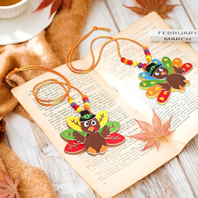 WorldBazaar Turkey Craft Kits For Kids 12 Pack Thanksgiving Turkey Necklace Crafts Bulk DIY Turkey kits Thanksgiving Party Activities Game