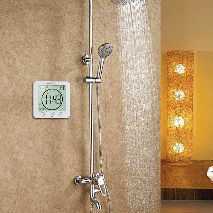 Digital Shower Clock, Bathroom Timer Clock, Waterproof for Water Spray, Count Up Count Down Alarm, Touch Screen Timer, Temperature Humidity, Wall Clock Magnet, Suction Cup, Hang, Stand (1pack)