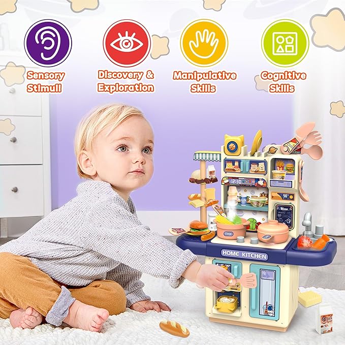 Mini Kids Kitchen Playset with Apron, Play Kitchen Toy with Realistic Steam and Lights, Play Sink and Toy Kitchen Accessories, Pretend Play Gift for Toddlers 3-5 Boys Girls (Blue)