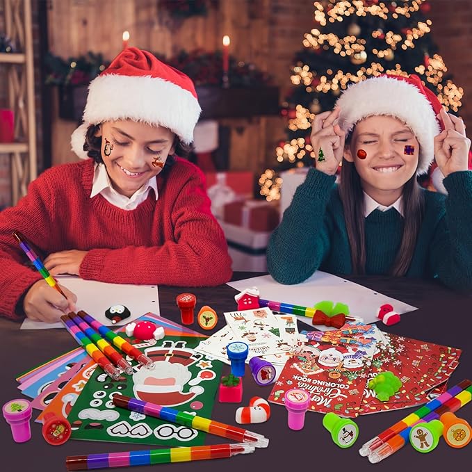 Cinrobiye 144 Pcss Merry Christmas Party Favors Max Holiday Coloring Books Tattoo DIY Sticker Stampers Class Reward Prizes for Christmas Holiday Winter Party supplies (Christmas2)