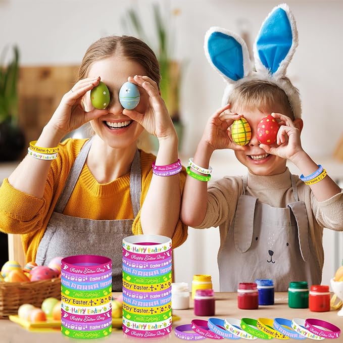 NEBURORA 24 Pcs Easter Rubber Bracelets Bunny Rabbit Egg Chick Flower Carrot Silicone Wristbands for Spring Happy Easter Party Favors Baskets Stuffers Egg Fillers