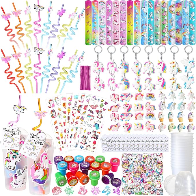Qilery 195 Pcs Mermaid Party Unicorn Party Dinosaur Party Shark Party Favors Includes Plastic Cup with Lid Straw Keychain Bracelet Ring Stamper Stickers Tag For Party Favors Piñata Filling (Unicorn)