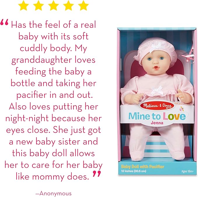 Melissa & Doug Mine to Love Jenna 12" Soft Body Baby Doll With Romper, Hat - Washable Doll Accessories, First For Toddlers 18 Months And Up