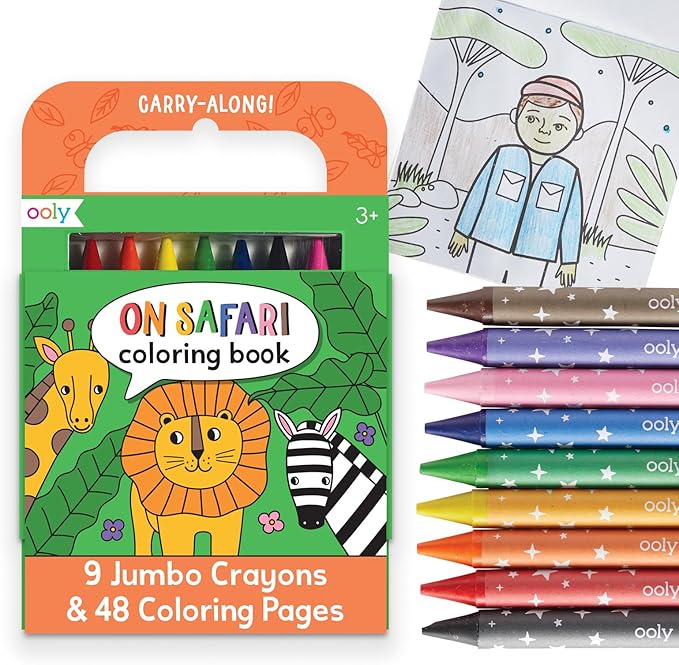 Ooly Travel Art Kit with 9 Jumbo Crayons & 48 Themed Coloring Pages & Case for Easy Traveling Art Creation, Perfect Airplane Travel Set to Entertain Kids - Safari