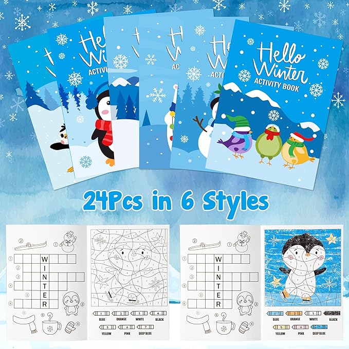 ANGOLIO 24Pcs Hello Winter Activity Coloring Books Including Snow Snowman Polar Bear Penguin DIY Art Drawing Patterns Learn Math Party Favors Christmas Gifts Home Classroom Activity Supplies for Kids