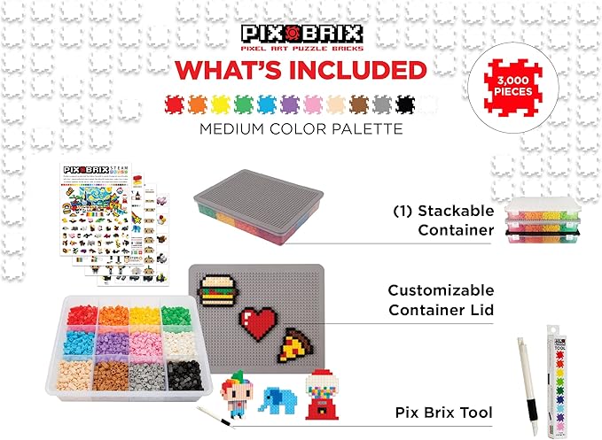Pix Brix Pixel Art Puzzle Bricks – 3,000 Piece Pixel Art Container, 12 Color Medium Palette – Interlocking Building Bricks, Create 2D and 3D Builds Without Water or Glue – Stem Toys, Ages 6 Plus