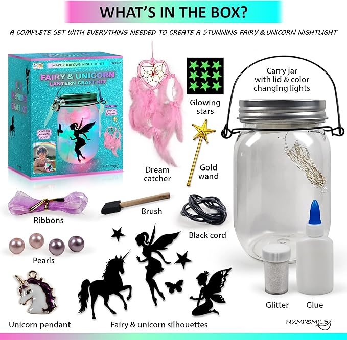 NUMI'SMILE Unicorn & Fairy Lantern Night Light Jar Craft Kit, DIY Arts and Crafts for Girls Ages 3 4 5 6 7 8-12 Years, Unicorn Toys Fairy Gift for Little Girls