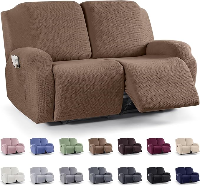 KinCam Recliner Covers, Stretch Reclining Chair Covers, Recliner Sofa Slipcovers Stripe Jacquard Recliner Couch Covers Furniture Protector Covers for Pet Kid (2XL Seater, Light Coffee)