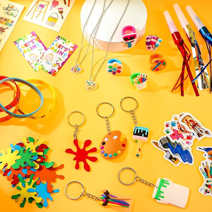 Tondiamo 278 Pcs Art Paint Party Favors Include Gift Cup Plastic Straw Color Pen Keychain Pendant Bracelet Ring Temporary Tattoo Party Blower Card Splatter Confetti for School Reward Birthday
