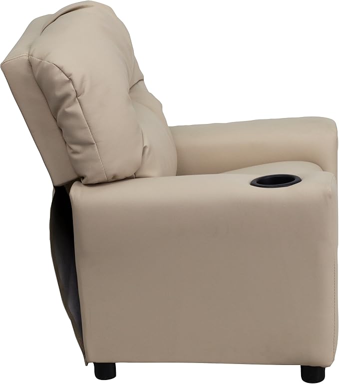 Flash Furniture Chandler Vinyl Kids Recliner with Cup Holder and Safety Recline, Contemporary Reclining Chair for Kids, Supports up to 90 lbs., Beige