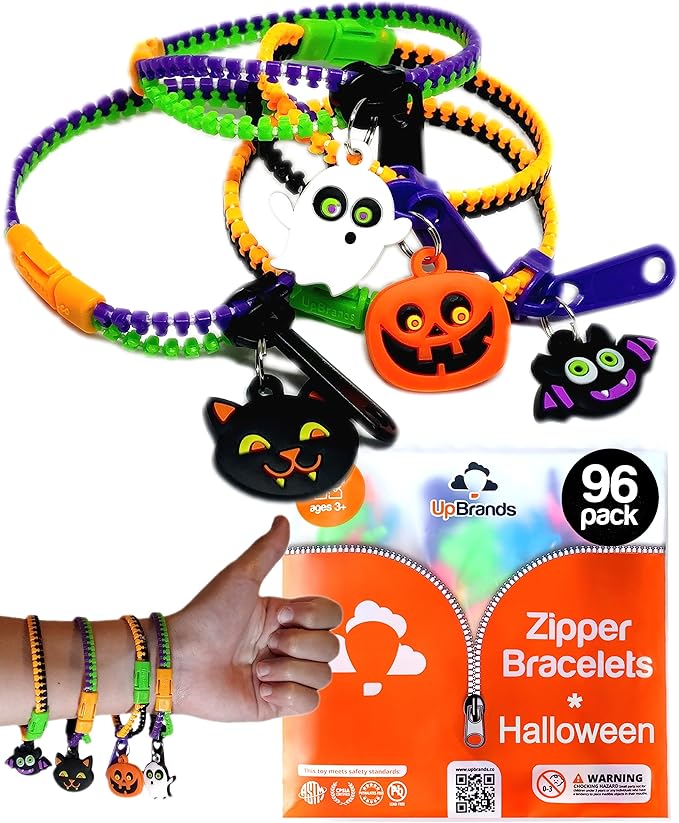 UpBrands 96 Pack Halloween Zipper Bracelets: Non-Candy Treats, Fidget Toys for Stress Relief, Ideal Party Favors & Gifts for Kids | Perfect Addition to Halloween Decorations & Themed Birthday Parties.