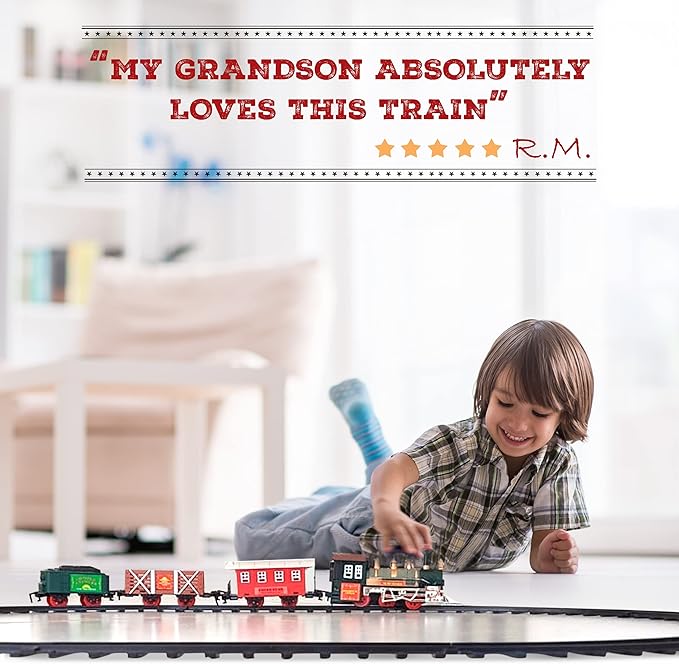 Electric Train Set for Kids Ages 4-8 - Battery-Powered Train Set with Lights & Sounds, Steam Locomotive Engine, Horses & Tracks - Classic Railway Toy Gift for Boys & Girls, Toddler Train Playset