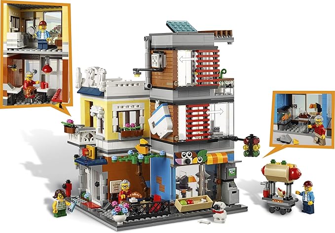 LEGO Creator 3 in 1 Townhouse Pet Shop & Café 31097 Toy Store Building Set with Bank, Town Playset with a Toy Tram, Animal Figures and Minifigures (969 Pieces)