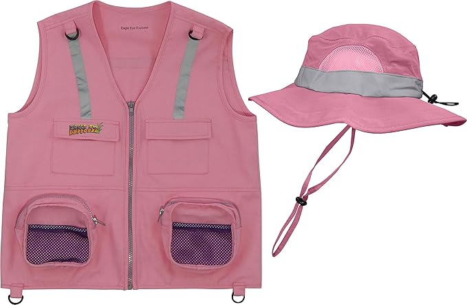 Pink M/L Safety Vest with Floppy Safari Hat Fits Youth Size 8-12 (Pink Vest with Hat, Medium/Large)