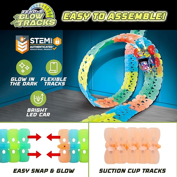 USA Toyz Zero-G Glow Race Track for Kids- 60pcs Glow in The Dark Flexible Race Track Set with Suction Cups, Slot Car, 2 Graffiti Toy Cars Shells, STEM Toy LED Car Tracks for Boys and Girls Age 3+