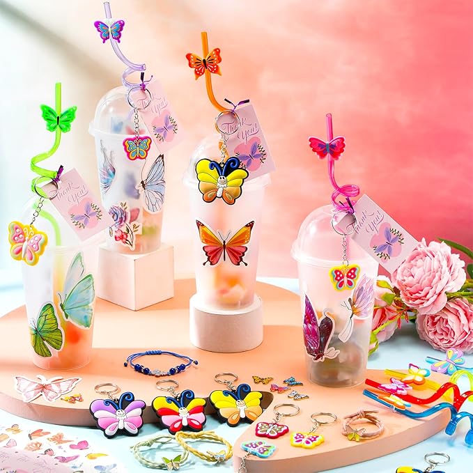 Ecally 211 Pcs Butterfly Party Favors for Girls with Butterfly Keychain Hairpins Stickers Bracelet Ring Necklace Tattoo Reusable Straws Plastic Cups with Dome Lids Tag for Kids Fairy Birthday Gift