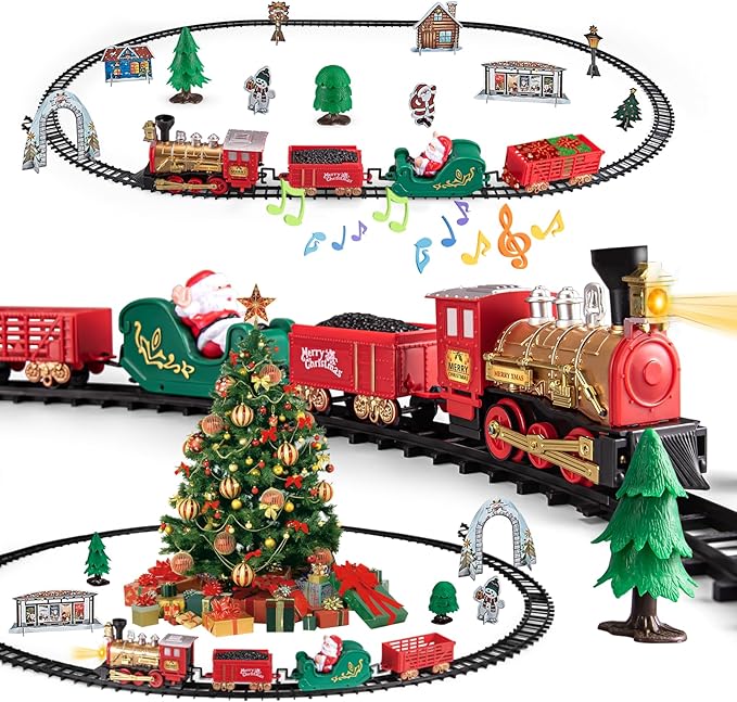 Train Toy for Toddler, Train Set Around for Christmas Tree, Electric Locomotive with Light & Sound, Tracks, Carriages, Ideal for Holiday Decoration, Gift for Boys Girls 3 Years Old & Up Kids Children