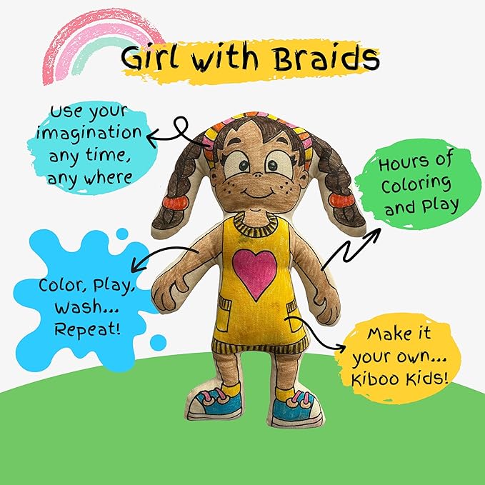 Color Your Doll - Washable Art Toy with Mini Doll Backpack and Markers - Educational Craft for Creative Play (Girl Doll with Braids)