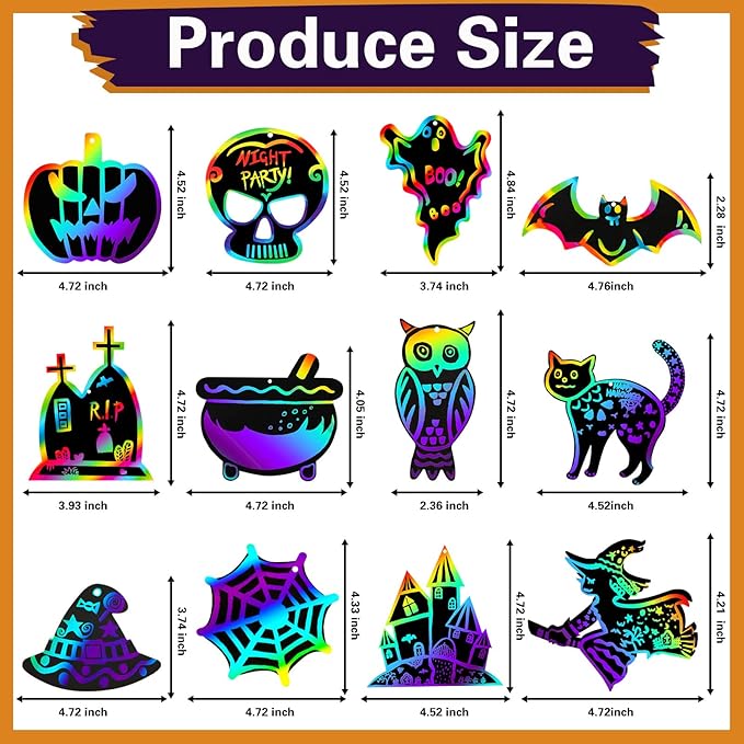 Max Fun Halloween Craft Scratch Paper Art for Kids Party Games Ornaments 96PCS Magic Rainbow Scratch Off Cards Paper Hanging Educational Toys Kit Halloween Party Supplies Birthday Gift