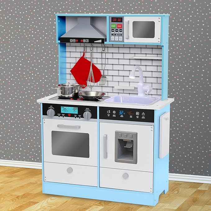 Lil' Jumbl Kids Blue Small Kitchen Set, Pretend Wooden Play Kitchen, Includes Range Hood, Microwave, Stove Top, Oven That Make Realistic Sound & Light, Pots, Pan, Cutting Board & Utensils Included,
