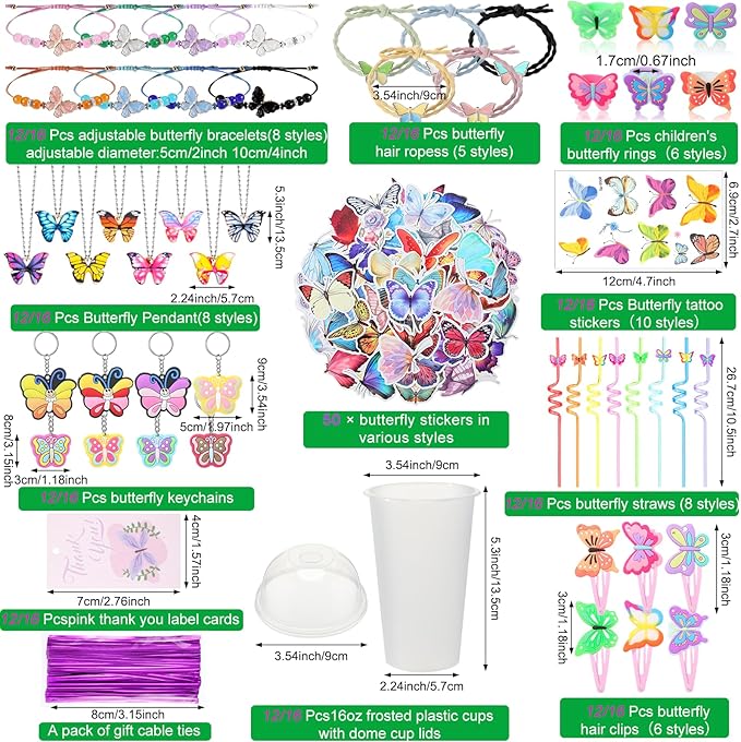 Ecally 171 Pcs Butterfly Party Favors for Girls Butterfly Keychain Hairpins Stickers Bracelet Ring Necklace Tattoo Straws Plastic Cups with Dome Lids Tag for Kids Butterfly Birthday Party Supplies
