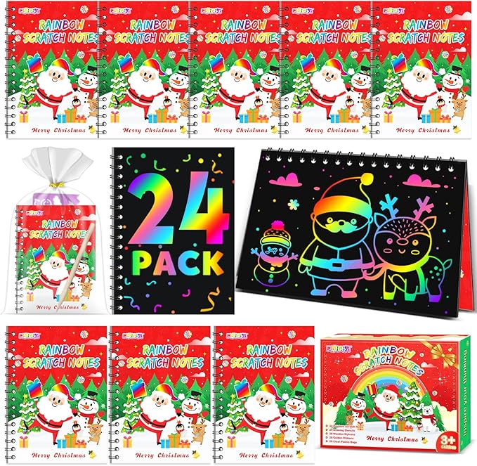 pigipigi Christmas Party Favor for Kids: 24 Pack Rainbow Art Scratch Notebook, Colorful Craft Scribble Paper Magic Black Drawing Pad kit, Activity Toy Gift Set for Girl Boy Children Birthday Christmas