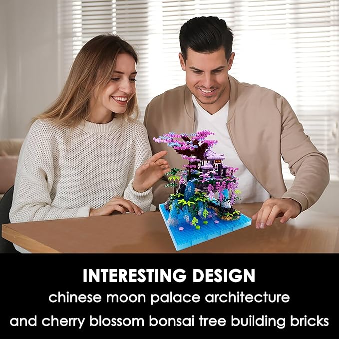 Micro Building Blocks Sets，Chinese Moon Palace Architecture and Cherry Blossom Bonsai Tree Building Toys for Adults，Japanese Sakura House Model，Creative Mini Bricks Gift for Kids 14+，2588 PCS