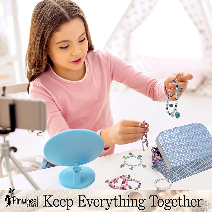 Pinwheel Crafts Mermaid Charm Bracelet Making Kit with Storage Case - DIY Kids Jewelry Making Kit for Girls 8-12 - Birthday Gift & Craft Supplies with Beads and Ocean Charms