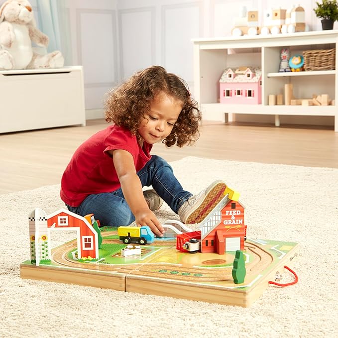 Melissa & Doug 17-Piece Wooden Take-Along Tabletop Farm, 4 Farm Vehicles, Play Pieces, Barn, Grain House Take-Along Pretend Play Toy Barn Toys For Toddlers Ages 1+