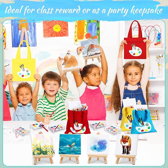 Zhengmy 12 Sets Watercolor Paint Art Party Favors Mini Paint Sets Canvas Tote Bags Goodie Bags 3'' x 3'' Painting Canvas Panel with Wooden Easel Set for Valentine Sip and Paint Party