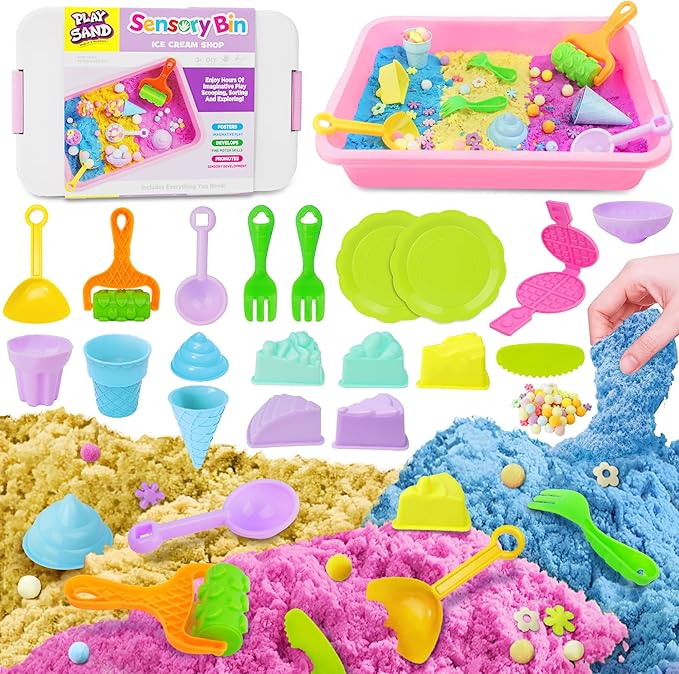 Sensory Bin - Baking & Ice Cream Making Set with 3.3lb Play Sand, Waffle Cake Molds and Sand Tools, Ice Cream Toy Shop, Gifts for Girls & Boys