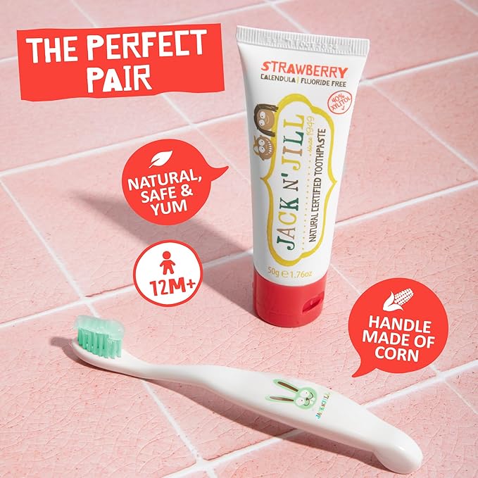 Jack N' Jill Toddler Toothbrush and Toothpaste Combo - Baby Toothbrush 12 Months and Up, 1 Year Old Toothbrush and Toothpaste Set, Fluoride Free - 1 Kids Toothbrush and 1 Strawberry Toothpaste