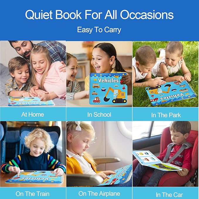 Preschool Montessori Toys for Toddlers, Vehicle Busy Book Learning Toys for Kids Toddlers Preschool Learning Activities, Autism Sensory Educational Toys for Boys & Girls Christmas Birthday Gifts