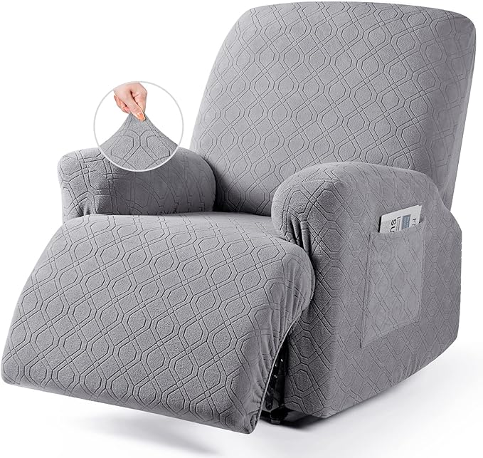VANSOFY Oversized Recliner Chair Cover, 4-Pieces Stretch Recliner Covers for Recliner Chair Soft Reclining Chair Slipcover Jacquard Pattern Furniture Protector for Dogs Cats(Light Gray)