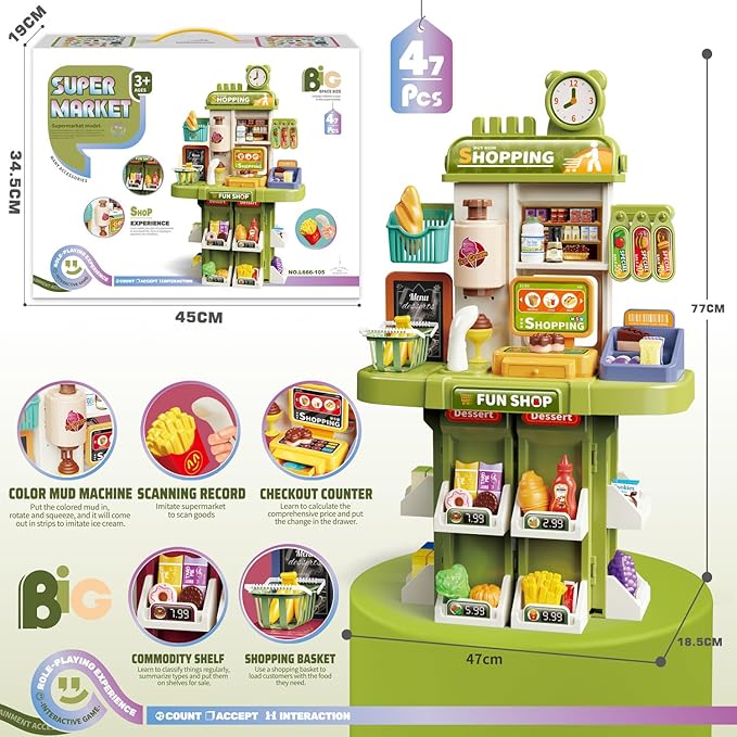 Shopping Supermarket Playset - Kids Grocery Store Pretend Play Toy for Ages 3-8 Girls Boys Unisex Children, Toy Cash Register with Scanner - Role-Playing Toys Fun (Shopping Green)