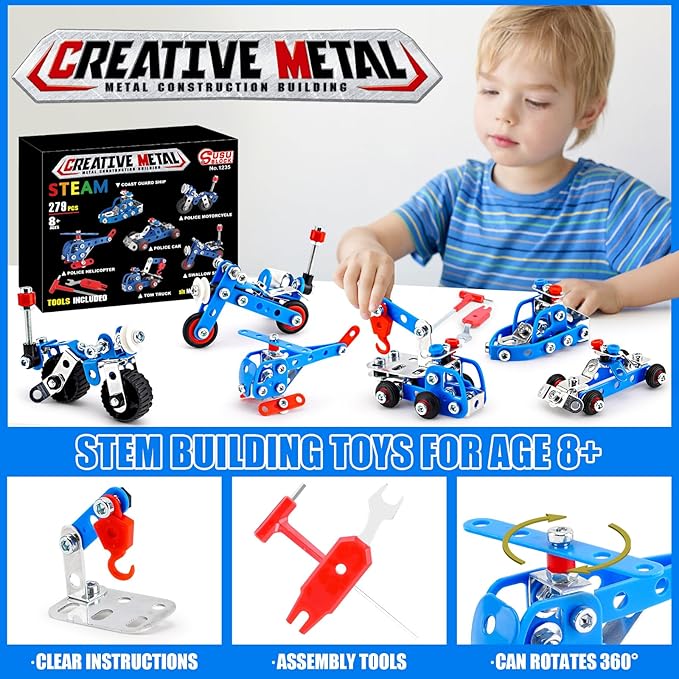 Stem Building Toys for Boys Age 8-12,Police Toys 6 Mini Metal Model Set for Kids,Erector Set for Boys Age 8-12,Assembly Science Kit Educational Gifts For Kids 8 9 10 11 12-16 Years Old（279 Pieces）