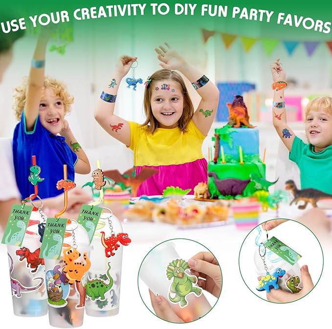 Qilery 195 Pcs Mermaid Party Unicorn Party Dinosaur Party Shark Party Favors Includes Plastic Cup with Lid Straw Keychain Bracelet Ring Stamper Stickers Tag For Party Favors Piñata Filling (Dinosaur)