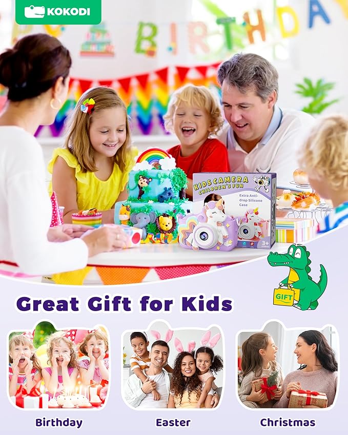 KOKODI Kids Camera Toy Digital Camera for Kids, Birthday Gifts for Girls Age 3-12, 1080P HD Video Camera for Toddler, Unicorn Children Toys for 3 4 5 6 7 8 9 Year Old Girls with 32GB SD Card (Purple)