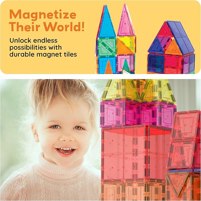PicassoTiles Magnetic Tiles 60pcs Kids Toys Classroom Sensory Toy for Toddlers STEM Learning Building Blocks, Montessori Pretend Play Magnet Tile Construction Stacking Block Boys Girls Ages 3+ PT60