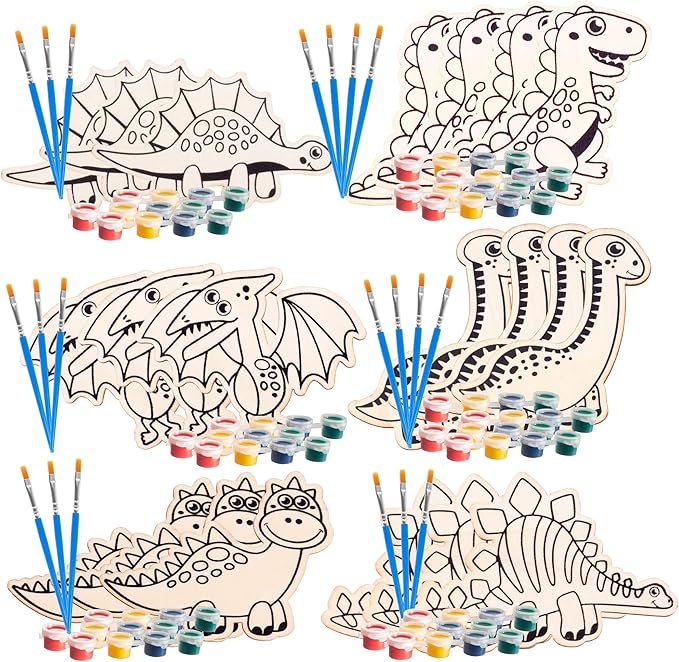 Set of 24 Valentines Cards for Kids Classroom - Valentine's Day Dinosaur Wood Painting Kits for Kids School - Each Valentines Gift Includes Complete Craft Kit & Card for Boys Girls Classroom Exchange