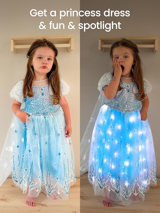 Princess Dresses for Girls Toddler Princess Costume Dress Up Clothes for Girls Halloween Costume with Cape for Christmas, Birthday, Party, LED Light No Assembly Needed, 100