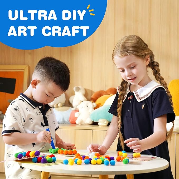 YPLUS Pompoms Art Crafts Kits, Toddler DIY Sensory Activities for Kids Ages 1-3 2-4 3-5, Finger Motor Art Supplies - Theme Animals Stocking Stuffers for Kids Toddler