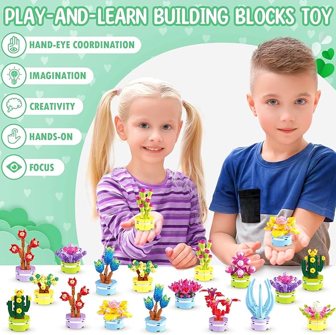 Asoulin Valentines Day Gifts for Kids, 24 Pack Succulents Plants Building Blocks with Valentines Day Cards for Kids School Classroom, Class Valentines Gift Exchange Valentine Basket Stuffers Fillers