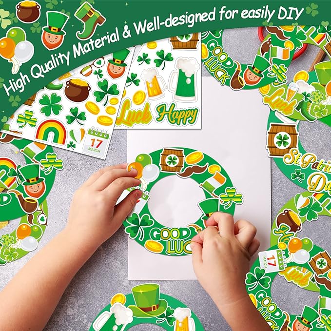 chiazllta 24 Pcs St. Patrick's Day Craft for Kids St. Patrick DIY Wreath Ornaments Sign Kits Irish Lucky Shamrock Leprechauns Stickers for Preschool Kindergarten Classroom Home Game Activities