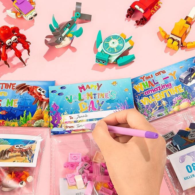 Valentines Day Gifts for Kids, 24 Pack Sea Animal Building Block Set with Valentines Day Cards for Kids Classroom School, Kids Party Favors Goodie Bags Classmate Exchange Gift Classroom Prizes