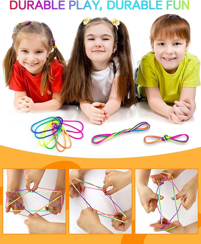 SONGTIY 6PCS Cats Cradle String, 65 Inch Long Rainbow Colourful Finger Rope, Chinese Finger String Games Toy for Kids, Adults, Children's Day, with A Sand Painting