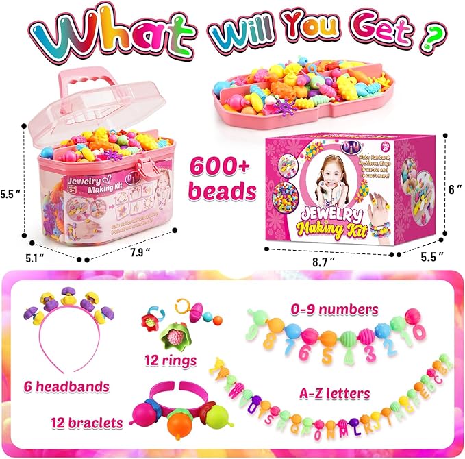 FUNZBO 650pcs Pop Beads - Jewelry Making Kit for 3 4 5 6 7 8 Year Old Little Girls, Arts and Crafts Toys for Kids, Necklace Bracelet Ring Creativity Snap Set Valentine Birthday Holiday Easter Gifts